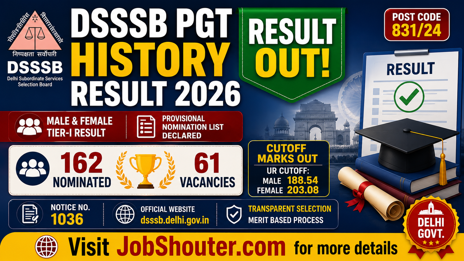 DSSSB PGT HISTORY RESULT 2026 OUT - MALE AND FEMALE TIER-I RESULT AND PROVISIONAL NOMINATION LIST