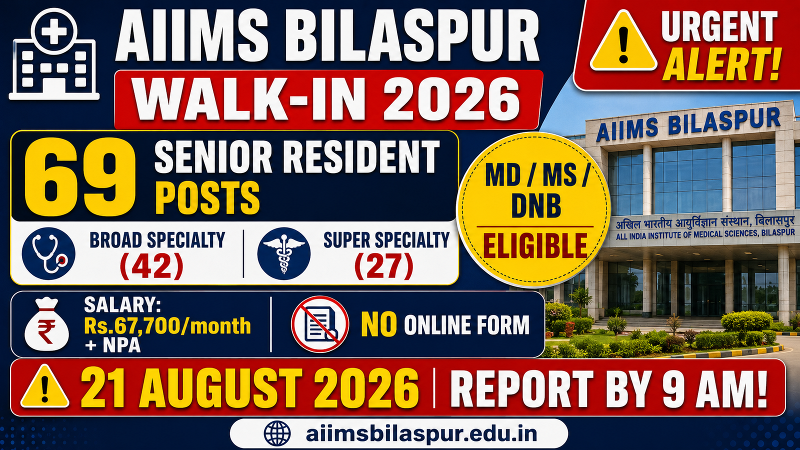AIIMS BILASPUR WALK-IN 2026 69 Senior Resident Posts