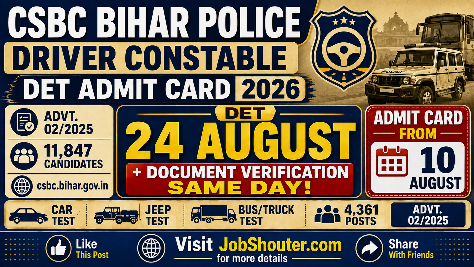 CSBC BIHAR POLICE DRIVER CONSTABLE DET ADMIT CARD 2026