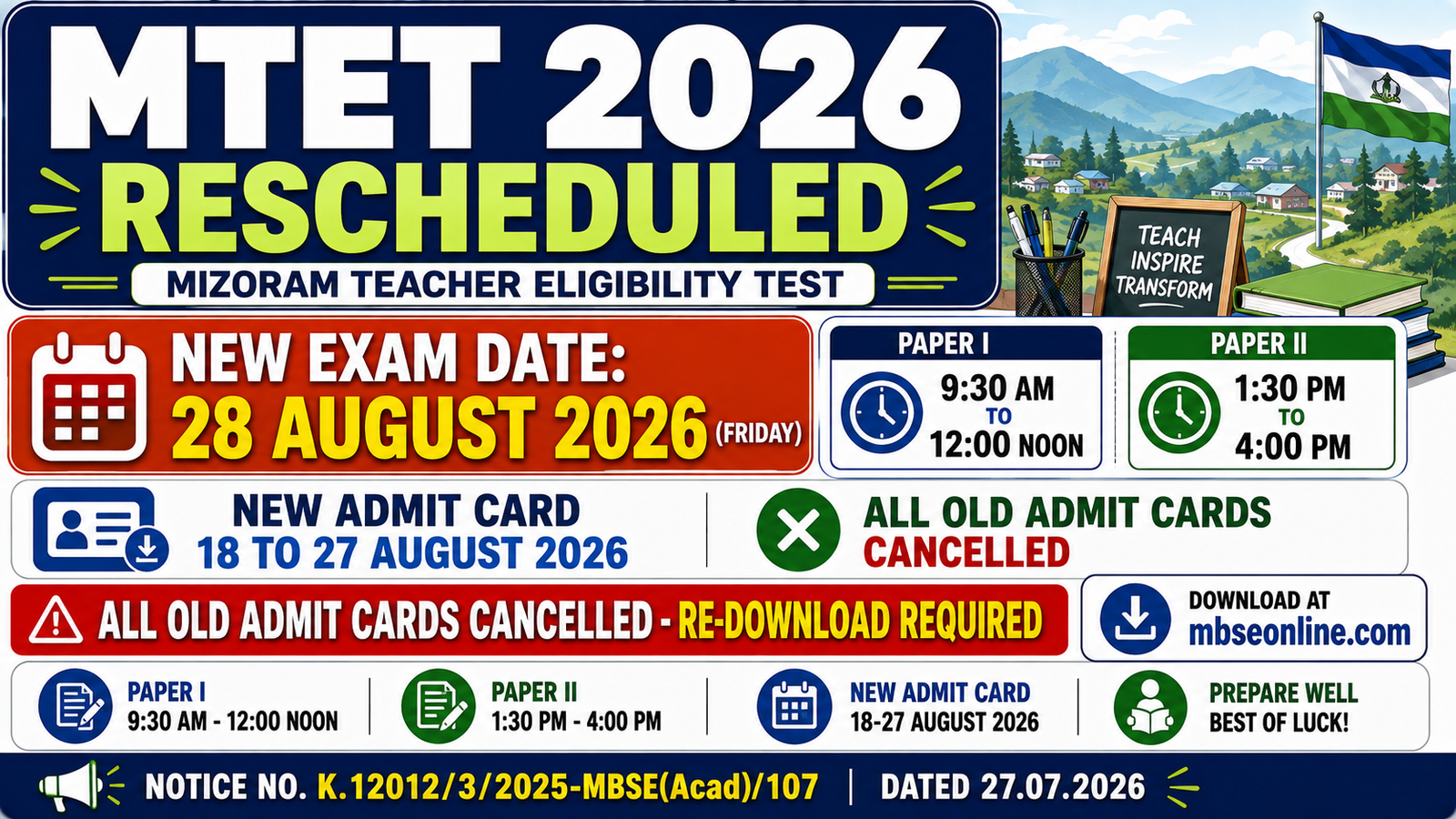 MTET 2026 Exam Rescheduled - 28 August 2026