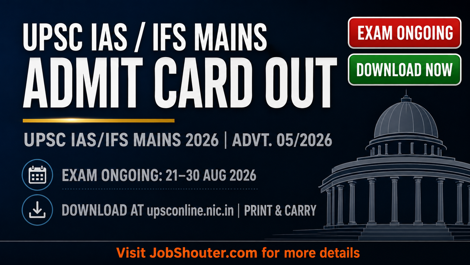 UPSC IAS Mains Admit Card 2026 Out - Exam 21-30 Aug