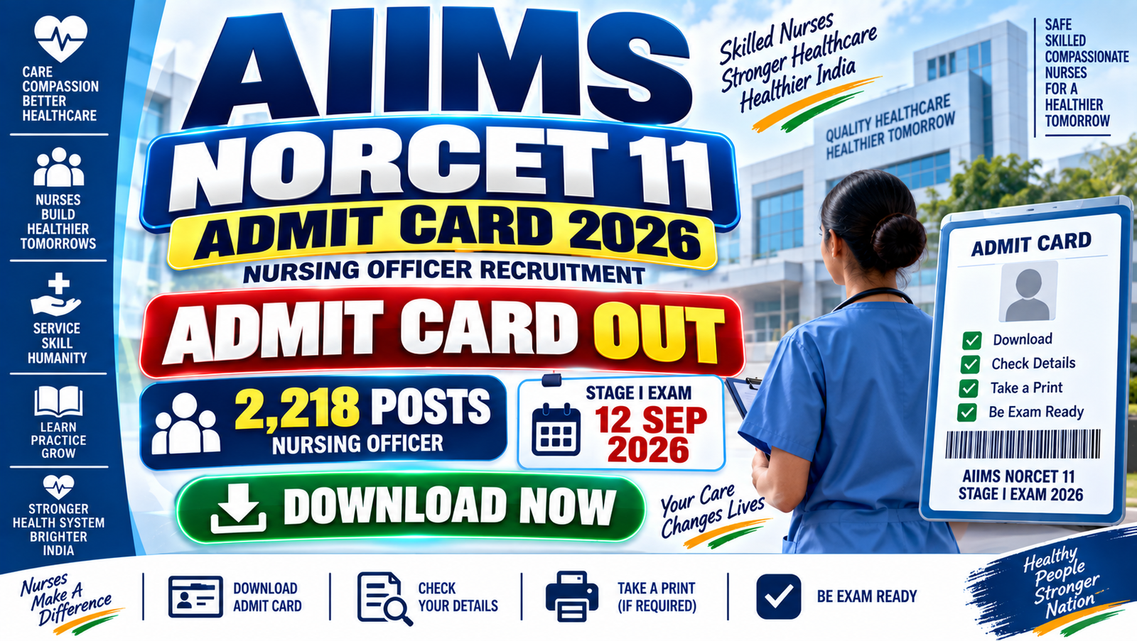 AIIMS NORCET 11 Admit Card 2026 - Download Nursing Officer Exam Hall Ticket