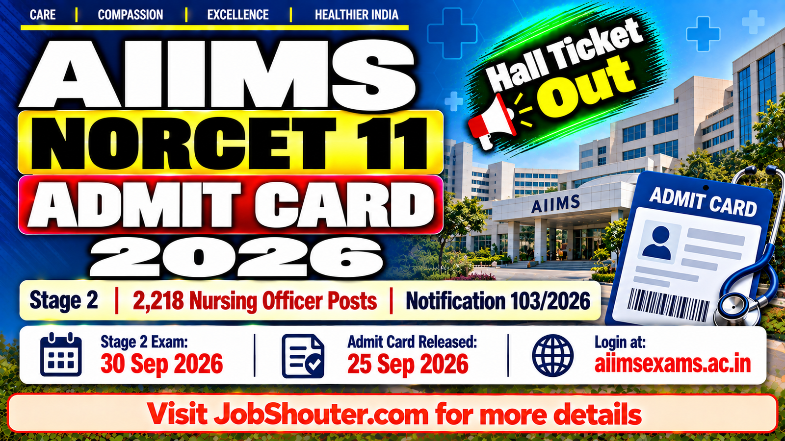 AIIMS NORCET 11 Admit Card 2026 Out - Stage 2 Exam on 30 Sep