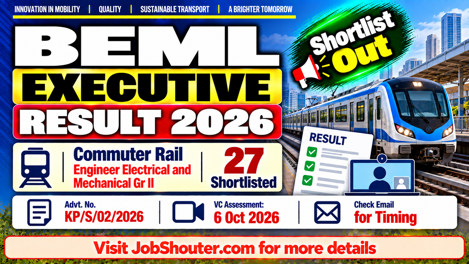 BEML Executive Result 2026 - 27 Shortlisted for VC on 6 October