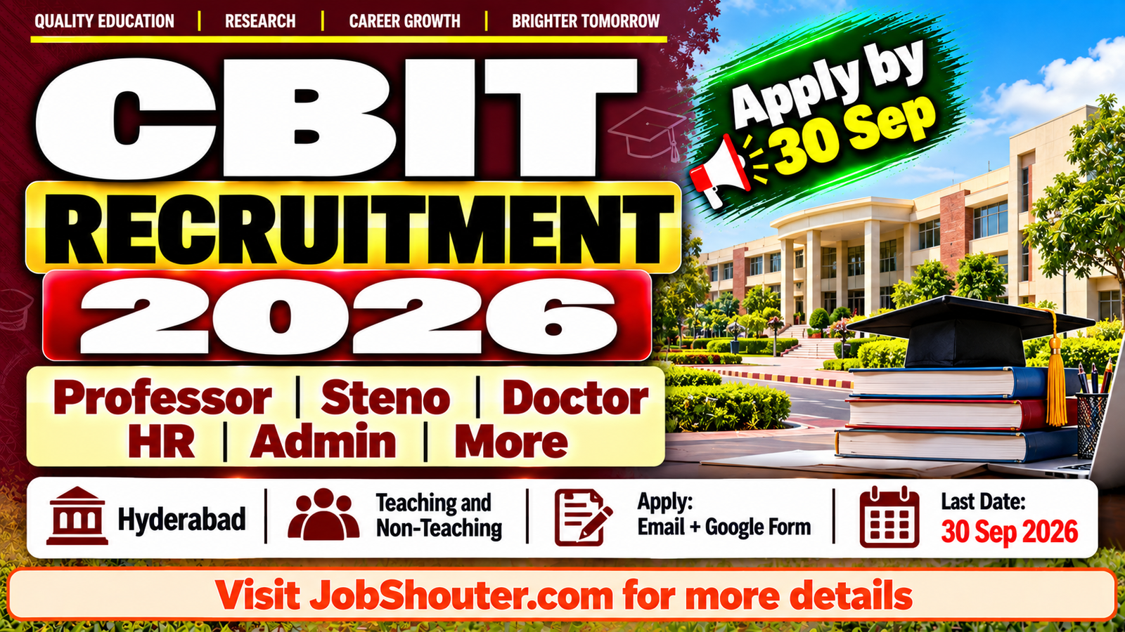 CBIT Recruitment 2026 - Professor - Doctor - Steno & More by 30 Sep