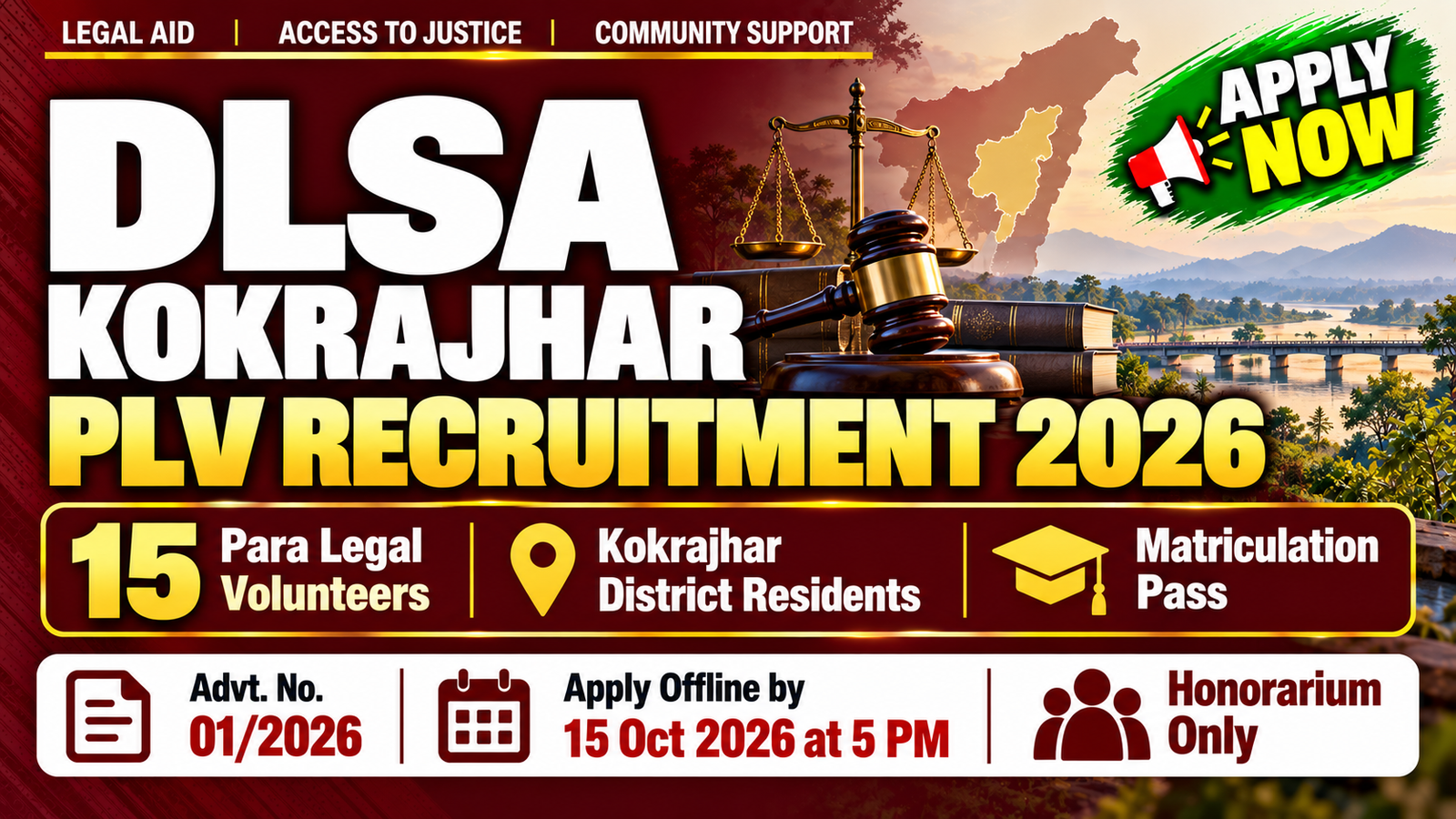 DLSA Kokrajhar PLV Recruitment 2026 - Apply for 15 Posts by 15 Oct