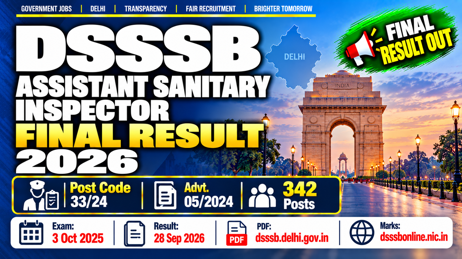 DSSSB Assistant Sanitary Inspector Final Result 2026 - Post Code 3324