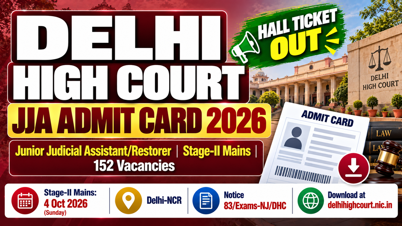 Delhi High Court JJA Admit Card 2026 - Stage-II Mains on 4 October