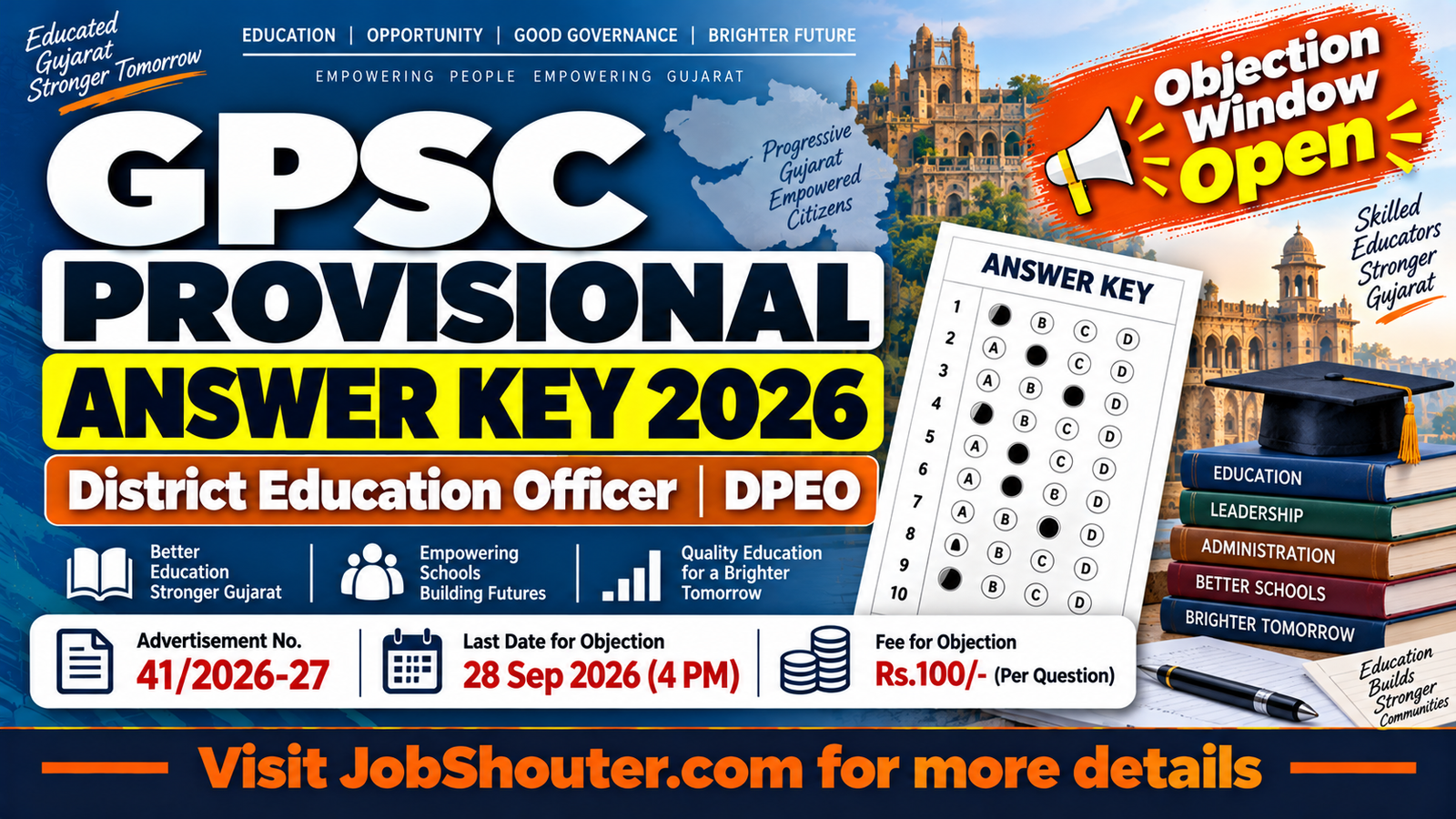 GPSC Provisional Answer Key 2026 for District Education Officer District Primary Education Officer Advertisement 41 2026-27 Booklet BVZ prelim test 17 September