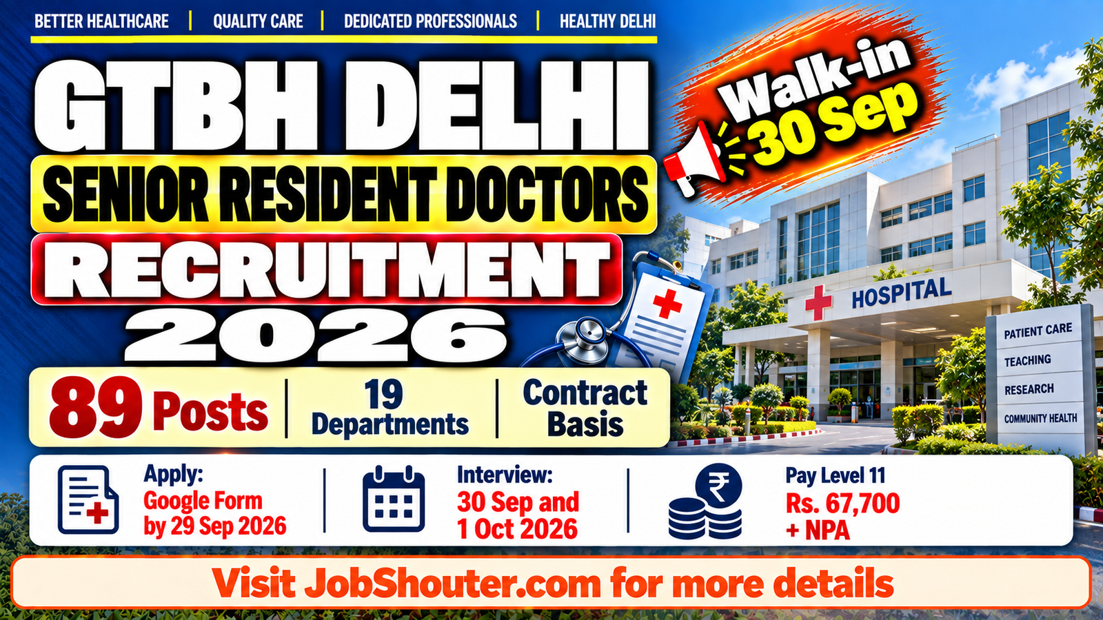 GTBH Delhi Senior Resident Recruitment 2026 - 89 Posts Walk-in 30 Sep