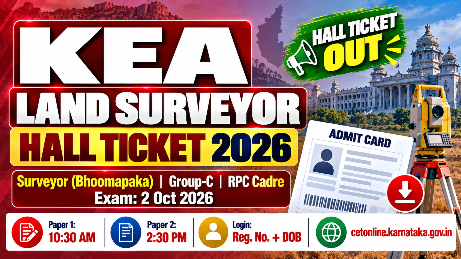 KEA Land Surveyor Hall Ticket 2026 -Surveyor Bhoomapaka Exam 2 Oct