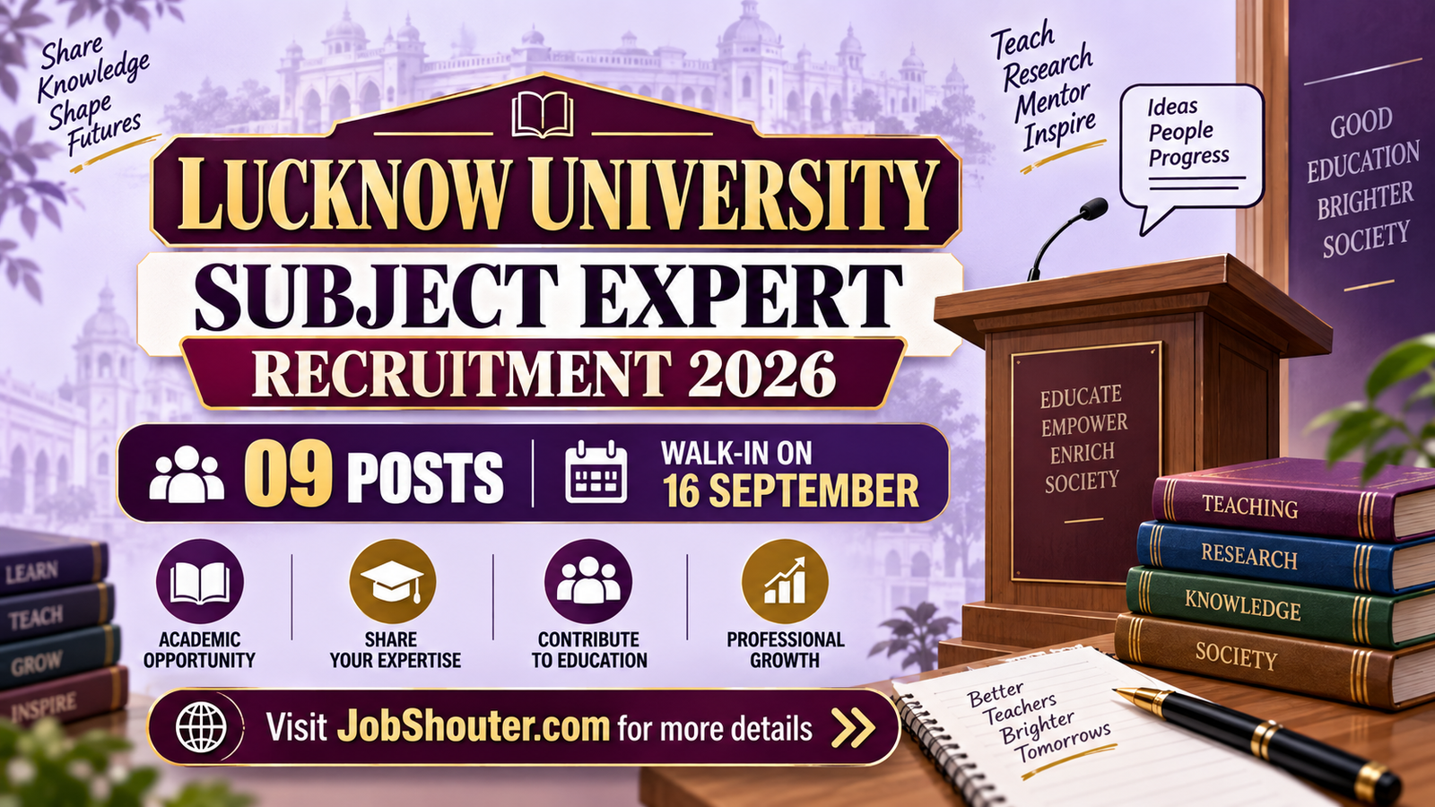 Lucknow University Subject Expert Recruitment 2026 - 9 Posts