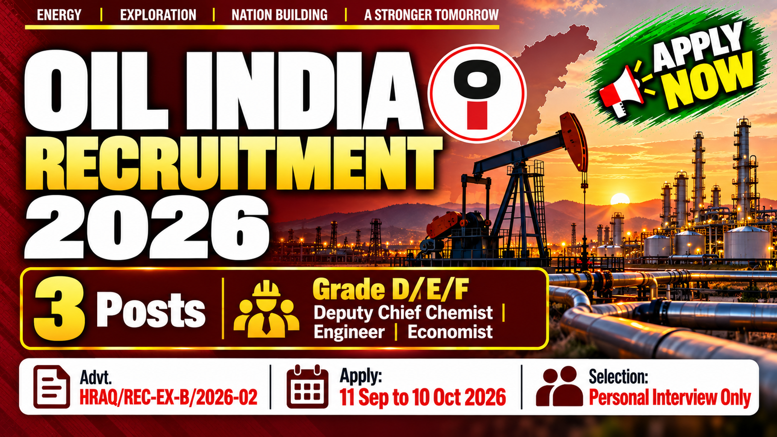 Oil India Recruitment 2026 - Apply for 3 Grade D-E-F Posts by 10 Oct