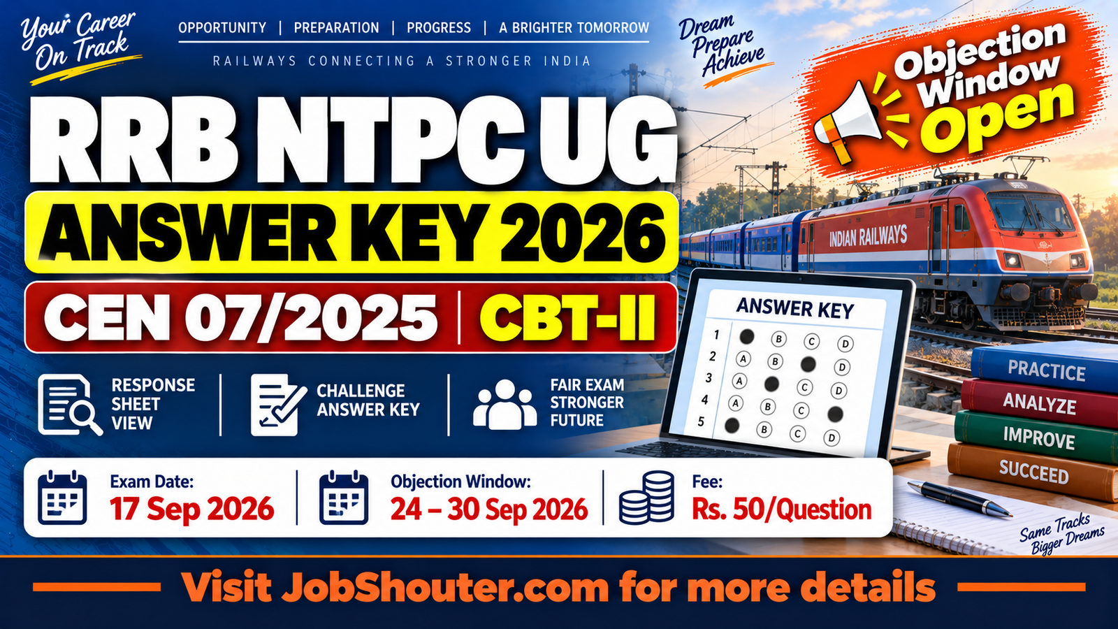 RRB NTPC UG Answer Key 2026 CEN 07/2025 CBT-II response sheet view and objection window 24 to 30 September