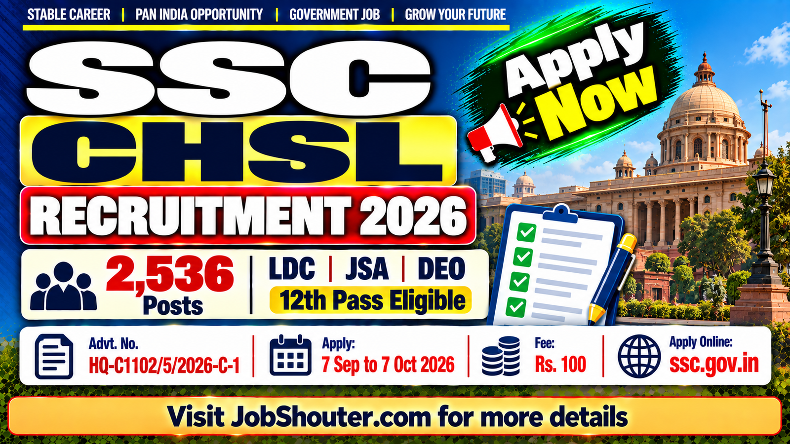 SSC CHSL Recruitment 2026 - Apply for 2536 LDC & DEO Posts by 7 Oct