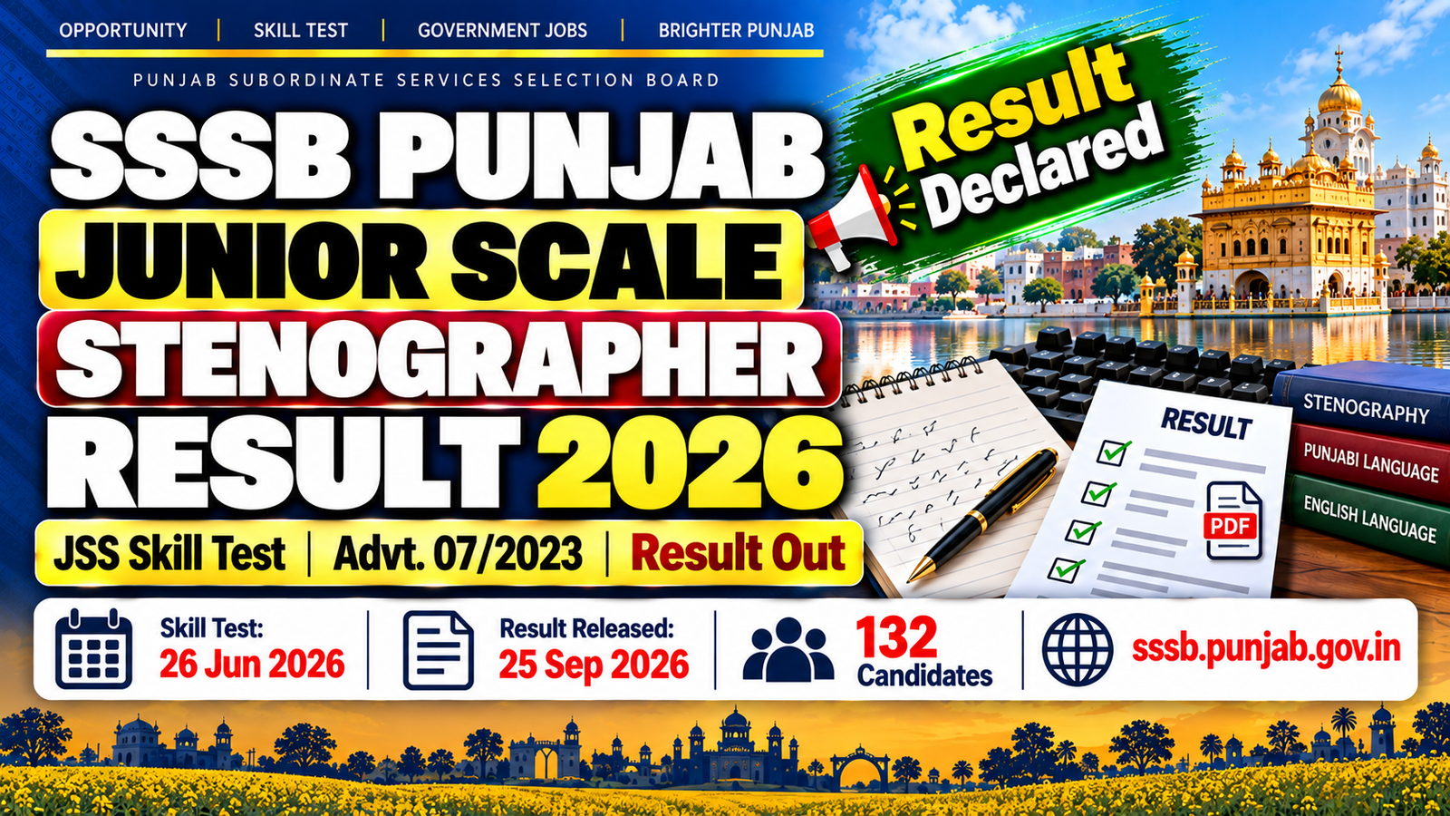 SSSB Punjab Junior Scale Stenographer Result 2026 - Skill Test Out