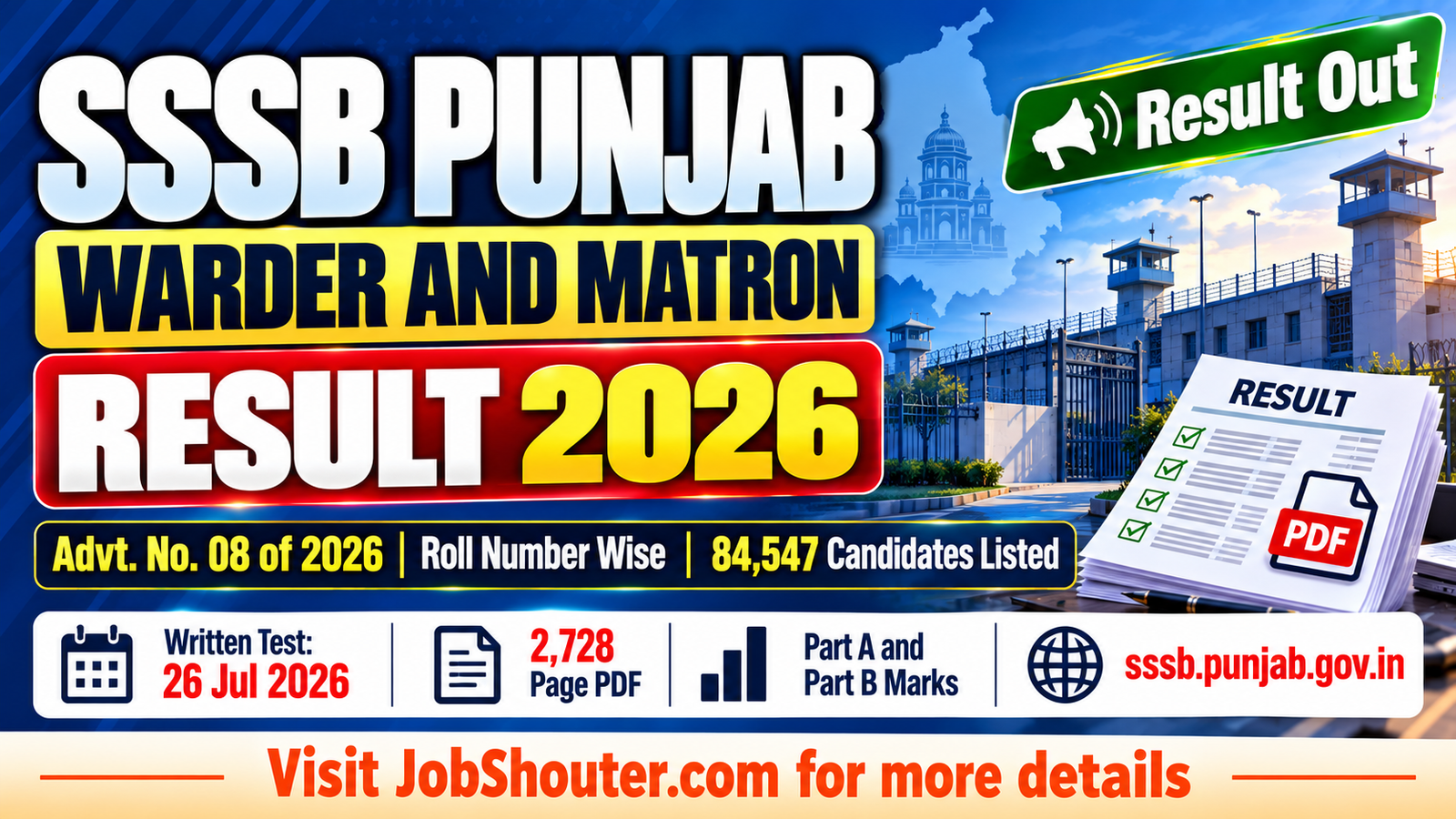 SSSB Punjab Warder Matron Result 2026 - Download Roll-wise PDF