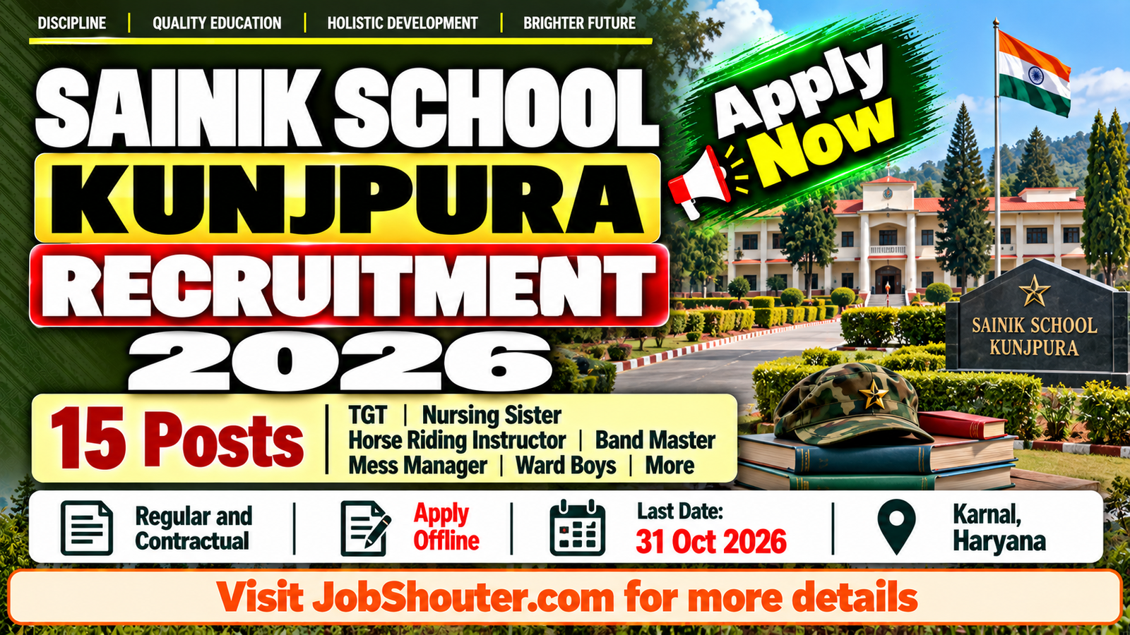 Sainik School Kunjpura Recruitment 2026 - Apply for 15 Posts by 31 Oct