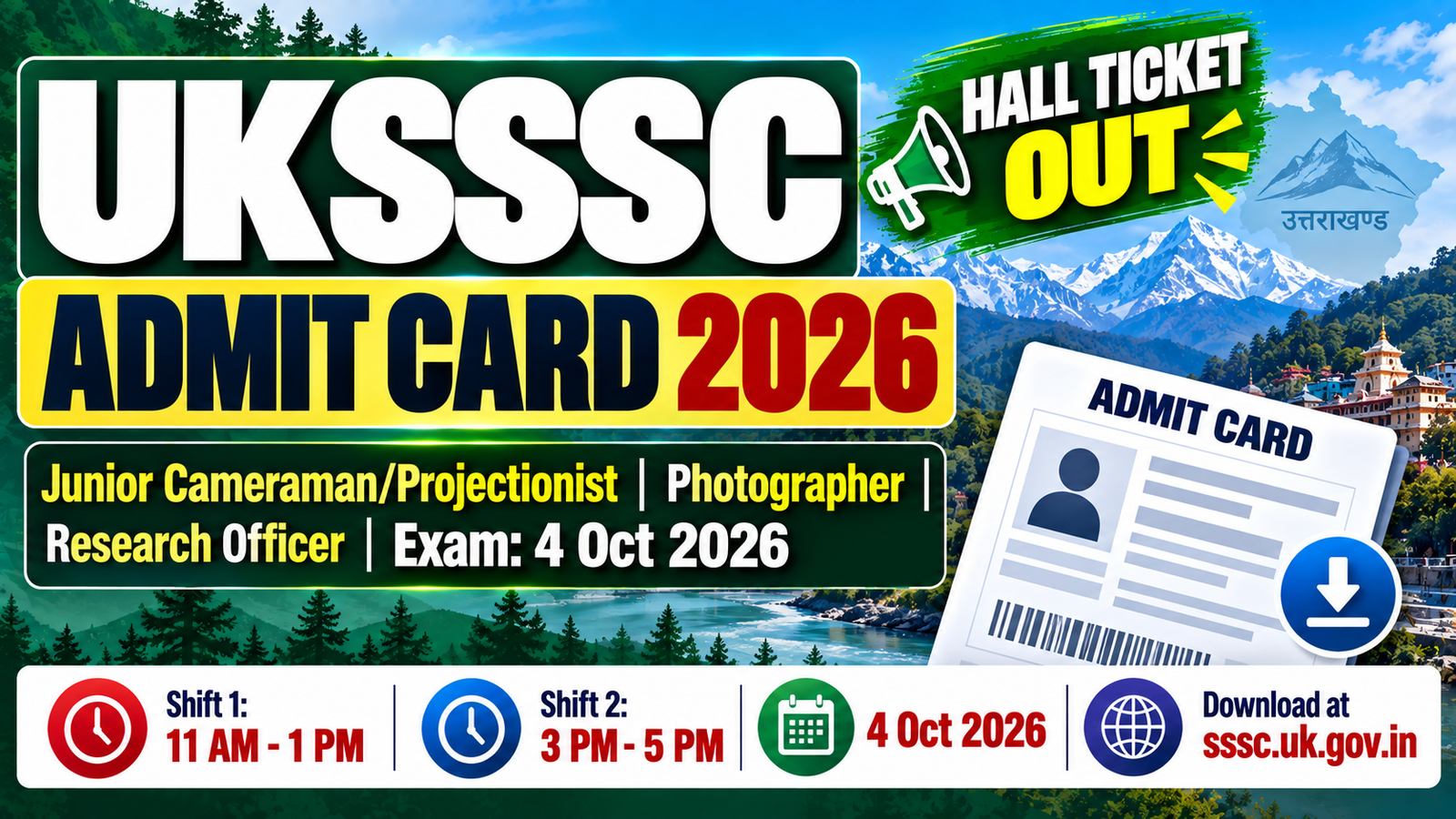 UKSSSC Admit Card 2026 Out - Junior Cameraman and Photographer Exam 4 Oct
