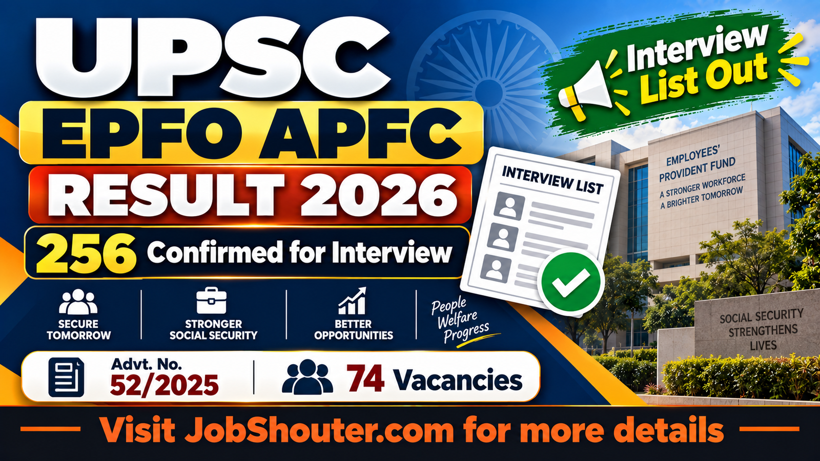 UPSC EPFO APFC Result 2026 - 256 Shortlisted for Interview