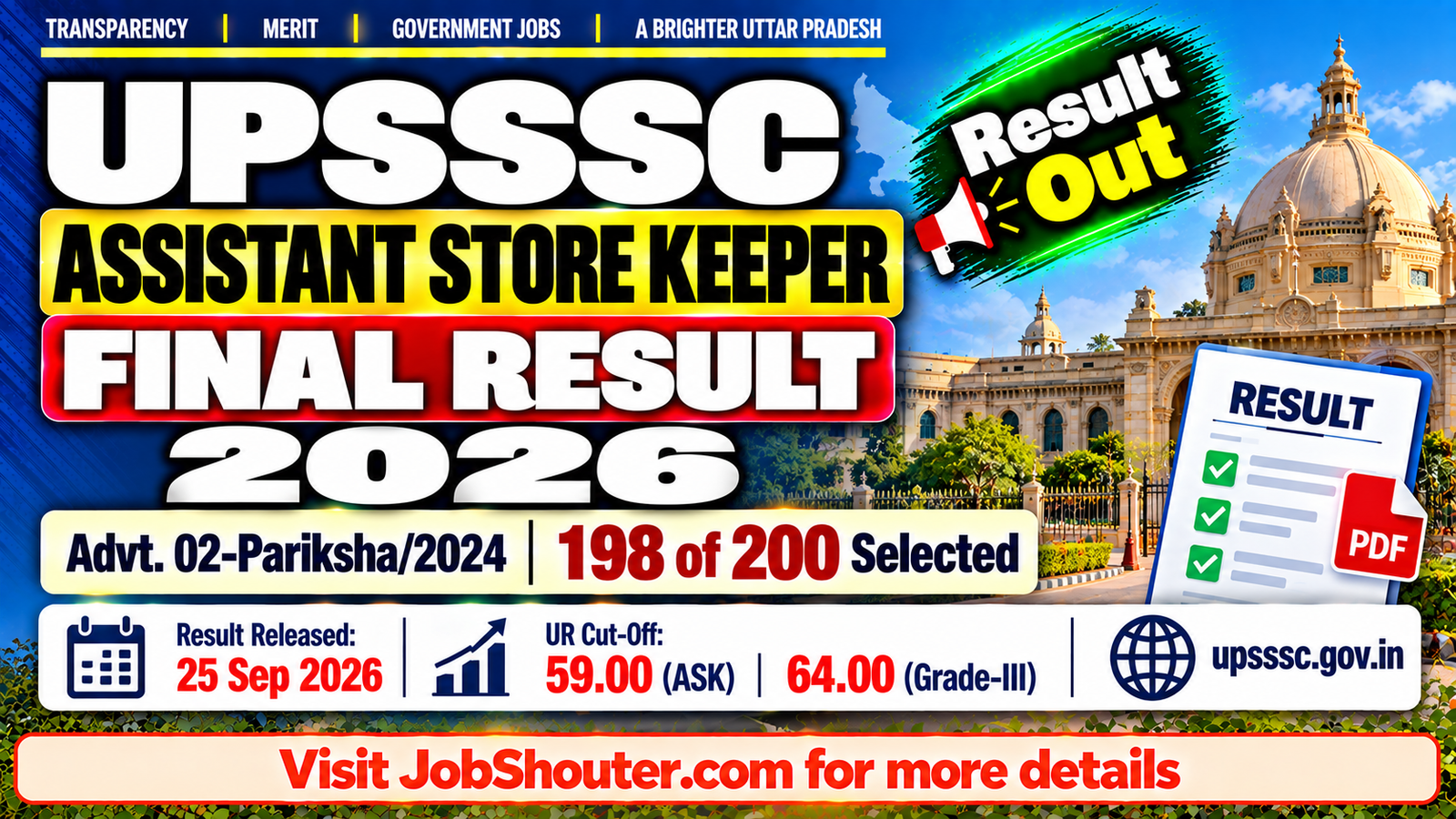 UPSSSC Assistant Store Keeper Final Result 2026 - 198 Selected
