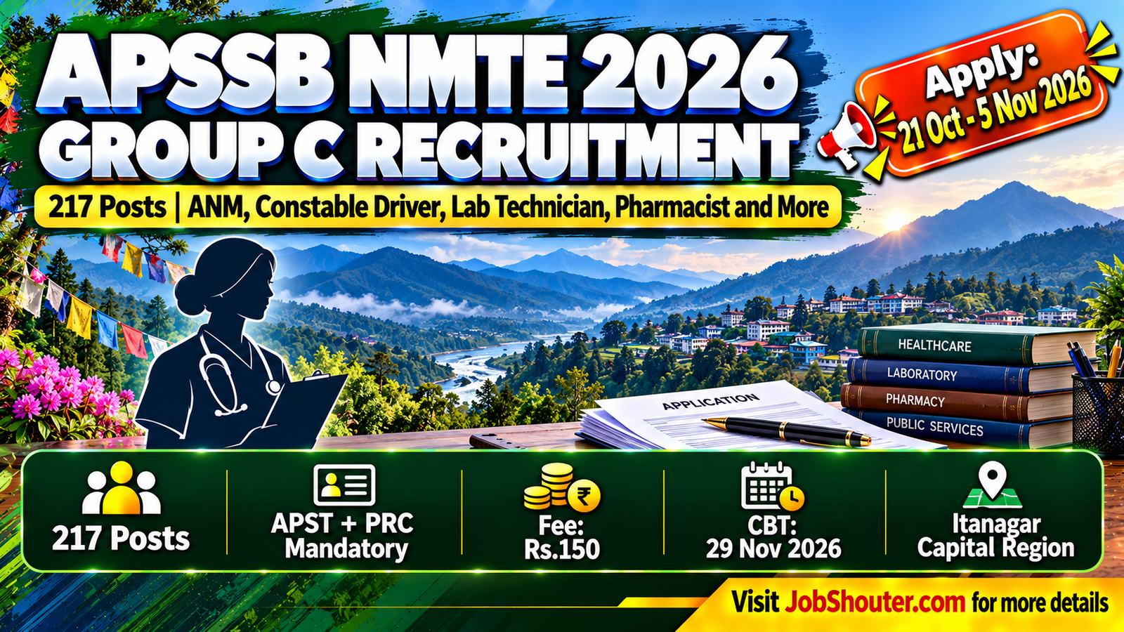 Arunachal Pradesh Staff Selection Board APSSB Non-Ministerial Technical Examination NMTE 2026 Advertisement 06 26 Notice APSSB-13 9 2026 1443 dated 9 October 2026 for 217 Group C posts ANM Laboratory Technician Pharmacist ECG Technician Dental Technician Health Assistant Head Constable Driver Driver Constable MT Driver IPR posts APST and PRC mandatory apply online 21 October 2026 3 PM to 5 November 2026 5 PM apssb nic in