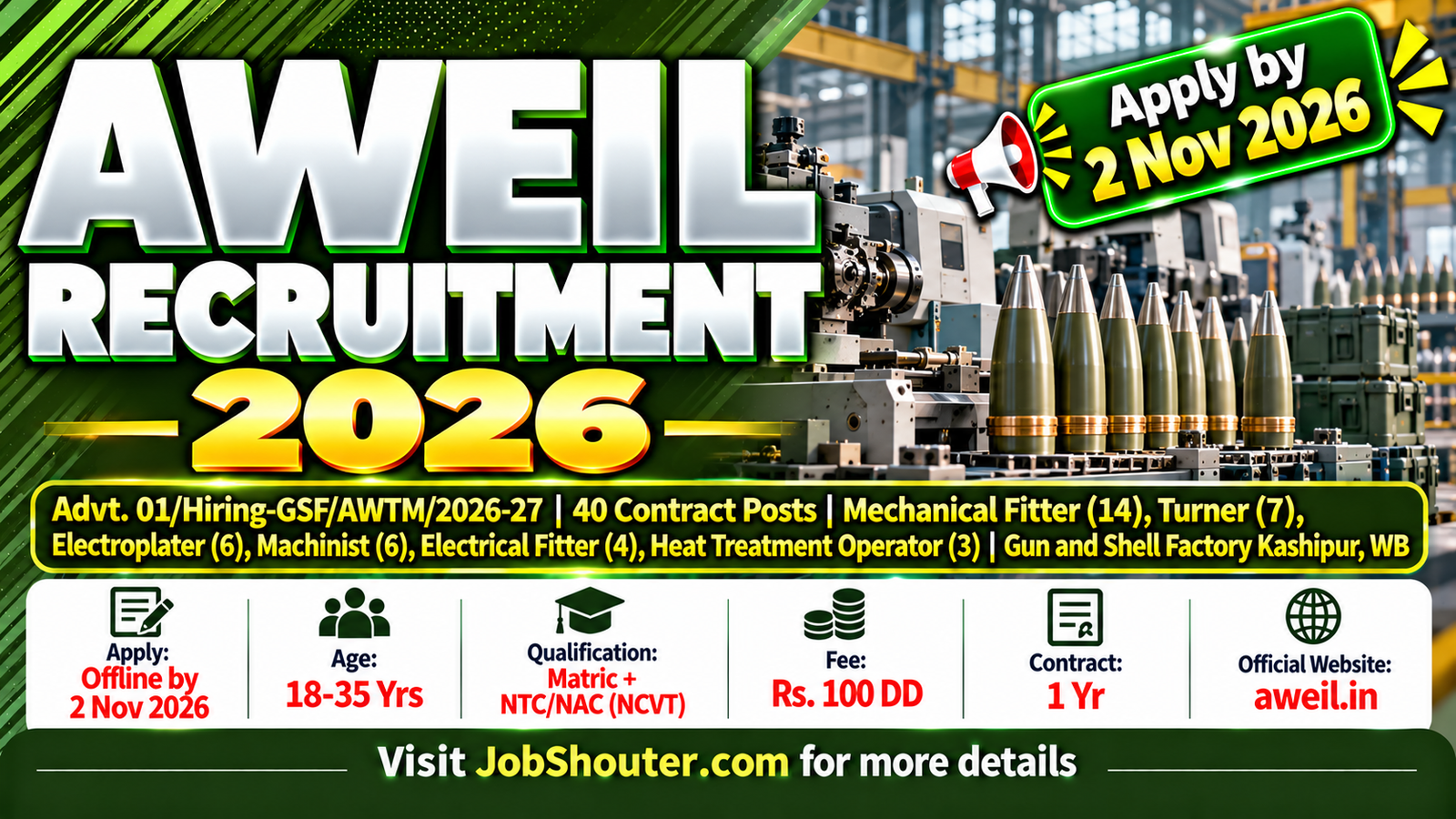 AWEIL Recruitment 2026 (Advt 01Hiring-GSFAWTM2026-27) - Apply Offline for 40 Posts by 2 Nov