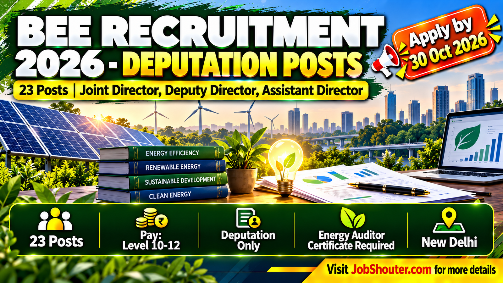Bureau of Energy Efficiency BEE Ministry of Power Government of India Recruitment 2026 Notification CBC 34106 11 0015 2627 for 23 deputation posts Joint Director Technical Non-Technical Deputy Director Technical Non-Technical Assistant Director Finance HR Pay Level 10 to Level 12 apply offline through proper channel by 30 October 2026 beeindia gov in