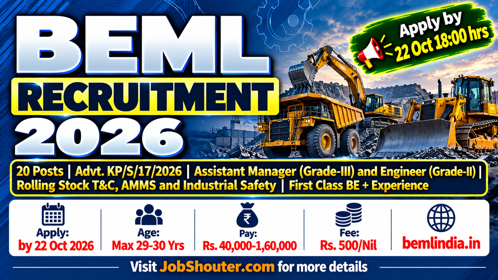 BEML Recruitment 2026 - Apply for 20 Assistant Manager and Engineer Posts by 22 Oct