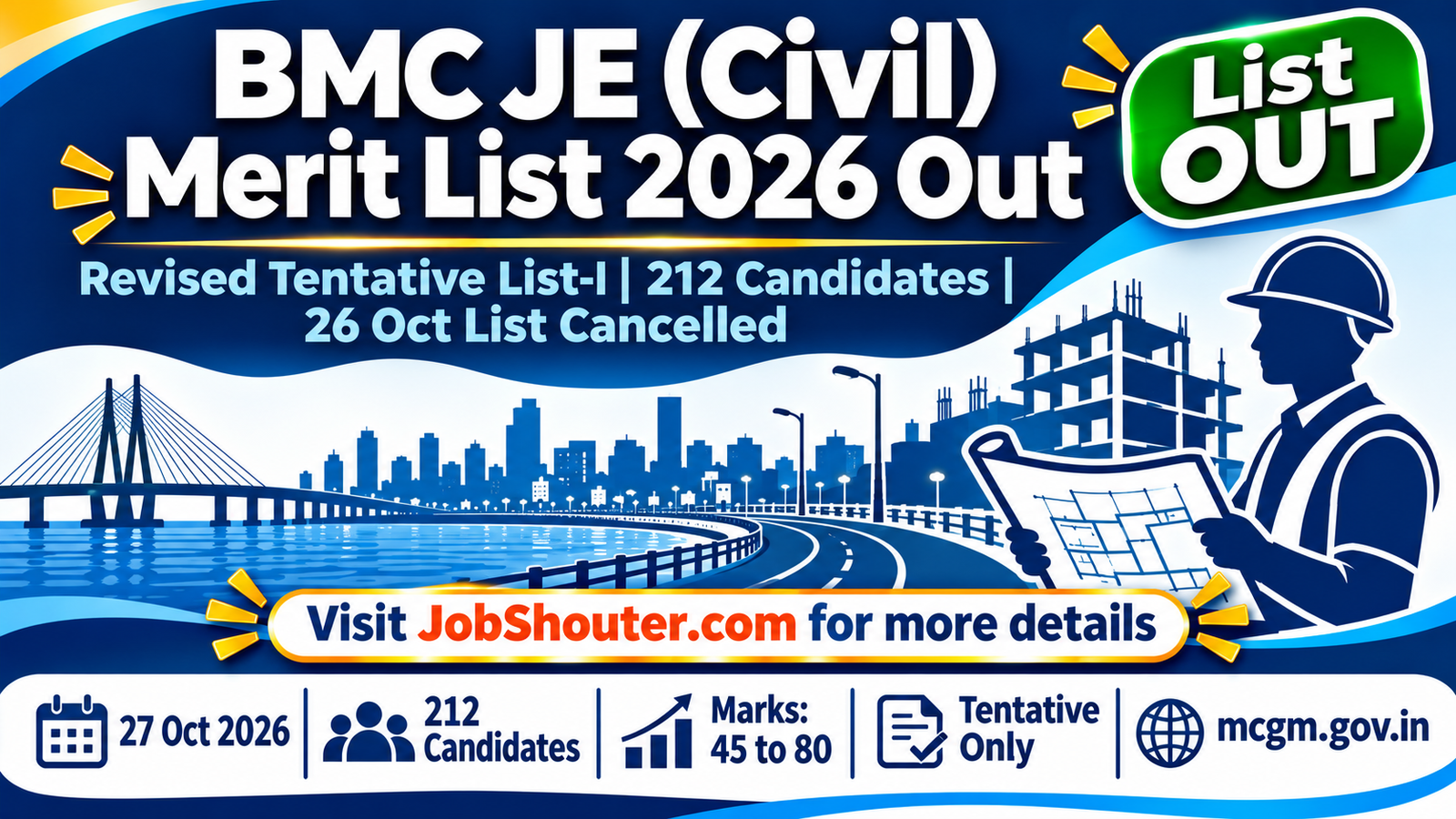 BMC Junior Engineer Civil Merit List 2026 - Revised List of 212 Candidates Out