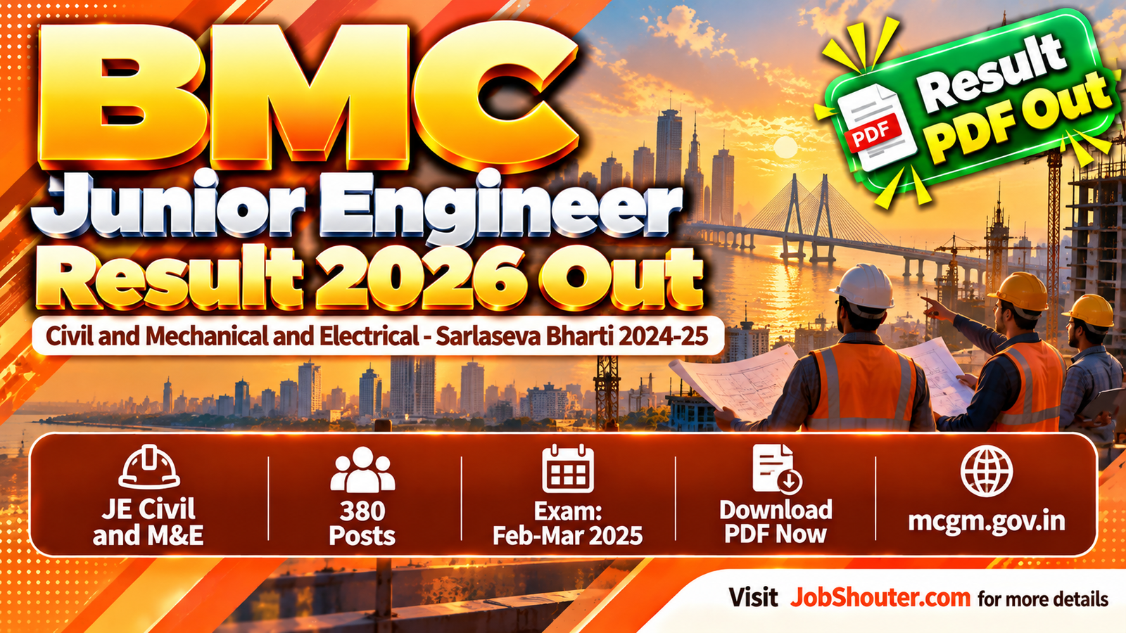 BMC Junior Engineer Result 2026 for Civil and Mechanical and Electrical posts under Direct Recruitment 2024-25 Sarlaseva Bharti result PDFs available at mcgm gov in exam held February March 2025