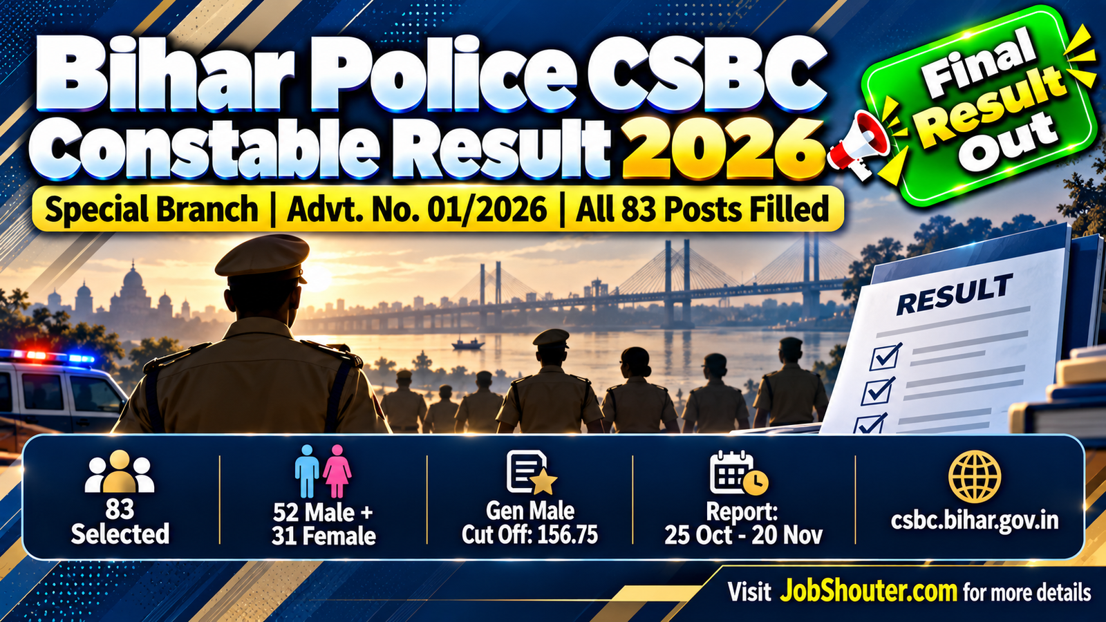 Bihar Police CSBC Constable General Duty Close Cadre Final Result 2026 out on 9 October 2026 all 83 posts filled category-wise cut off and selection list PDF at csbc bihar gov in