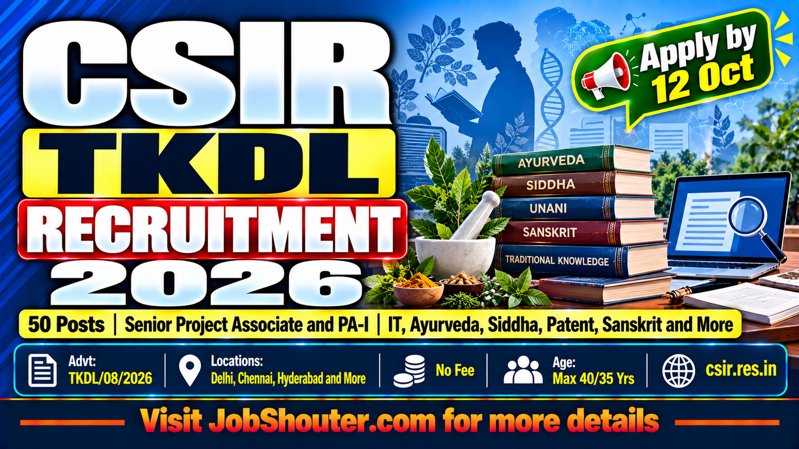 CSIR TKDL Recruitment 2026 - Apply for 50 SPA and PA Posts by 12 Oct