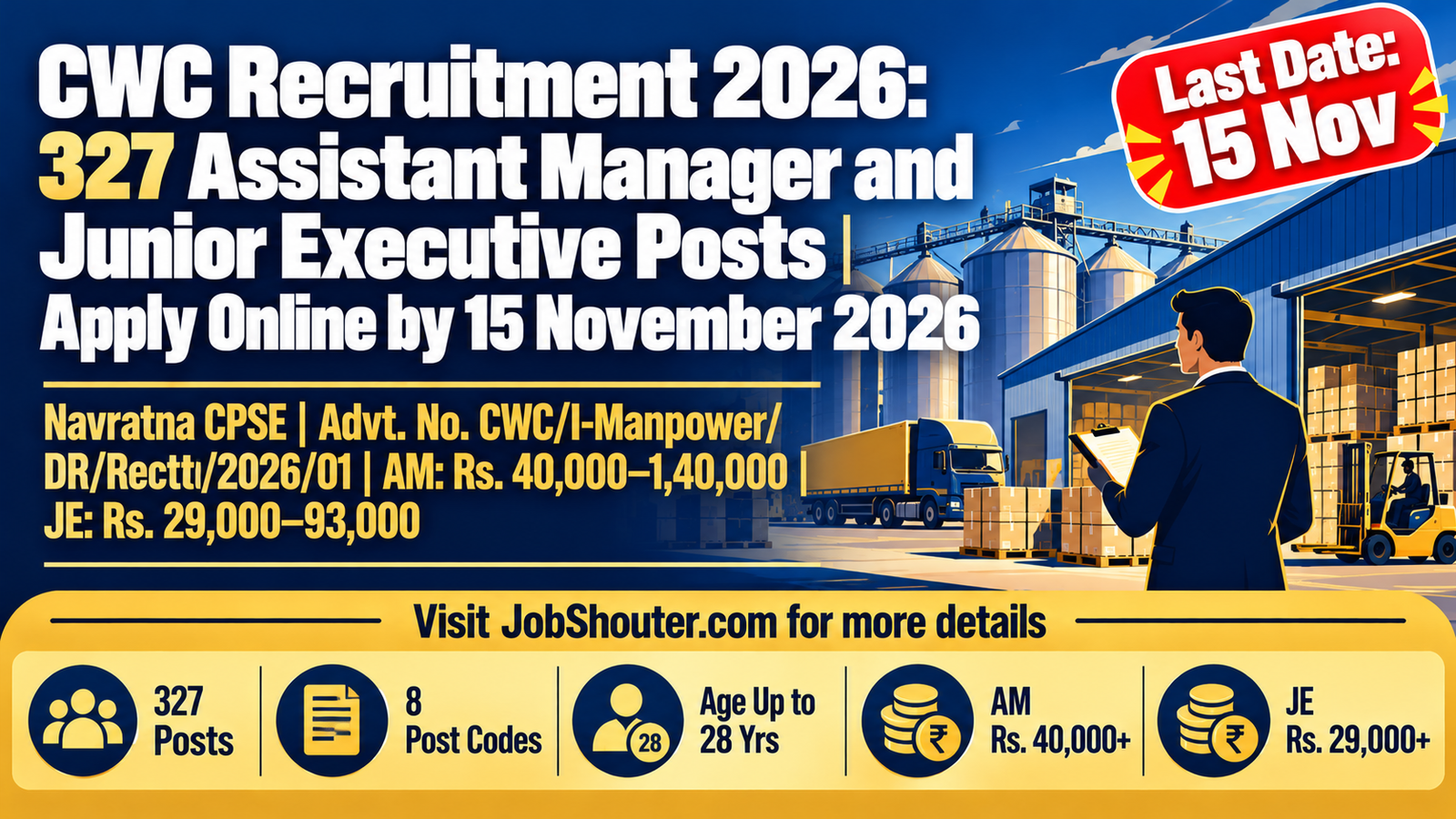 CWC Recruitment 2026 - 327 AM and JE Posts - Apply by 15 Nov