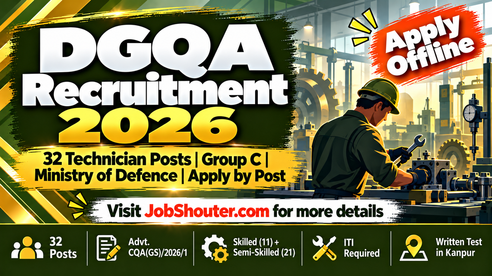 DGQA Recruitment 2026 - 32 Technician Posts - Apply Offline