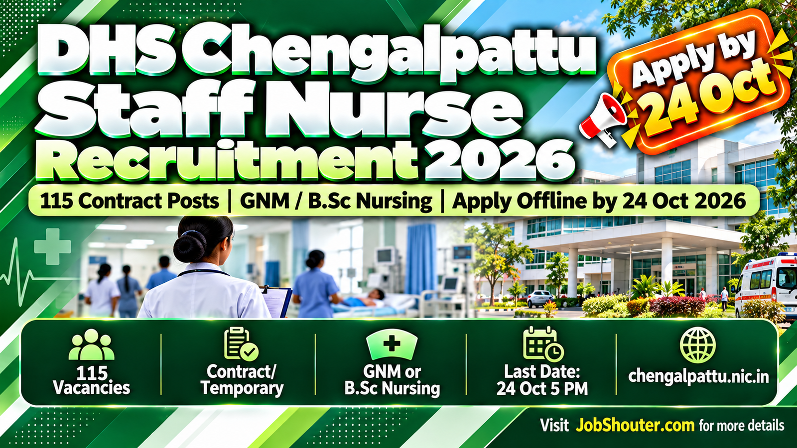 DHS Chengalpattu District Health Society Staff Nurse Recruitment 2026 115 contract temporary posts apply offline by 24 October 2026 GNM B Sc Nursing Tamil Nadu Nurses and Midwives Council registration required chengalpattu nic in