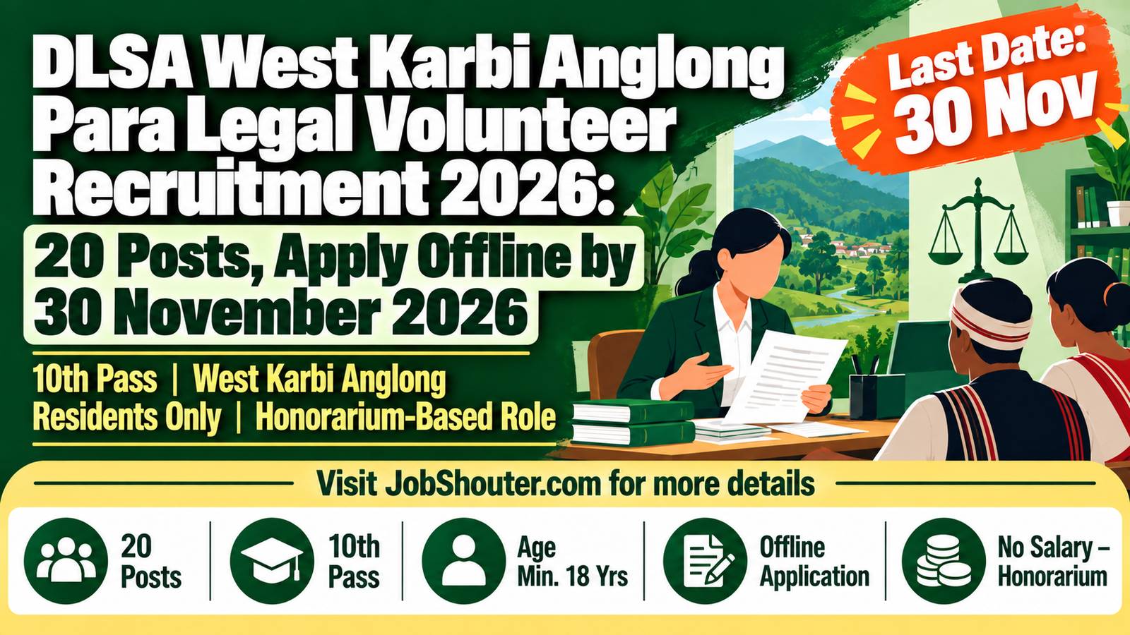 DLSA West Karbi Anglong PLV Recruitment 2026 - 20 Posts - Apply by 30 Nov