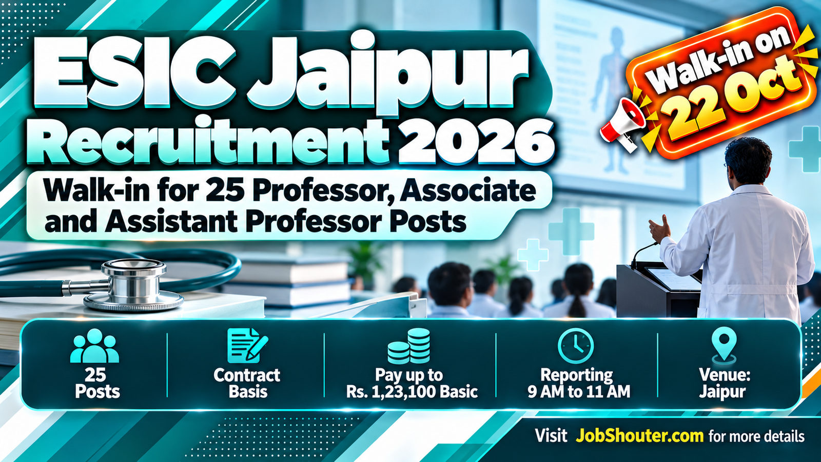 ESIC Jaipur Recruitment 2026 walk in interview for 25 Professor Associate Professor and Assistant Professor posts on contract basis at ESIC Medical College and Hospital Jaipur on 22 October 2026 official website esic gov in