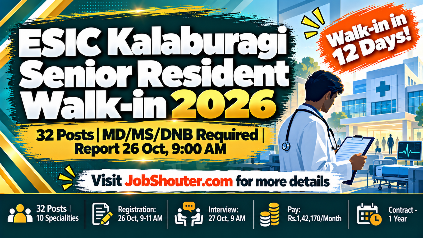 ESIC Kalaburagi Senior Resident Walk-in 2026 - 26-27 Oct
