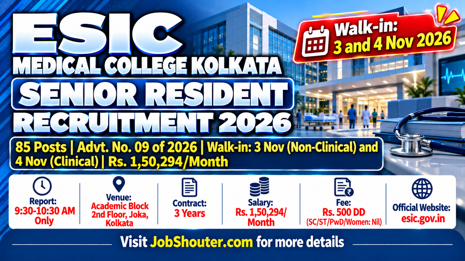 ESIC Medical College Kolkata Senior Resident Recruitment 2026 - Walk-in 3 and 4 Nov for 85 Posts