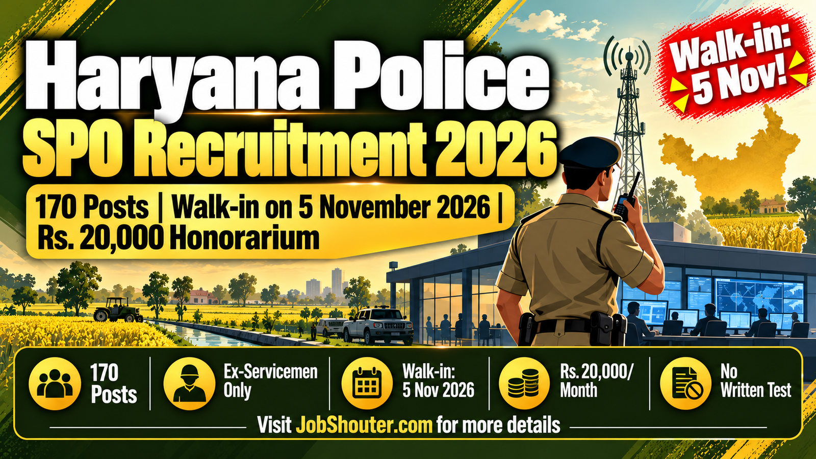 Haryana Police SPO Recruitment 2026 - 170 Posts - Walk-in 5 Nov