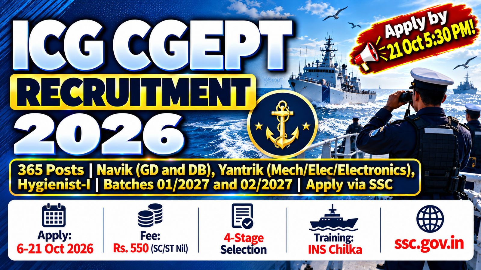 ICG CGEPT Recruitment 2026 - Apply at SSC for 365 Navik - Yantrik Posts by 21 Oct