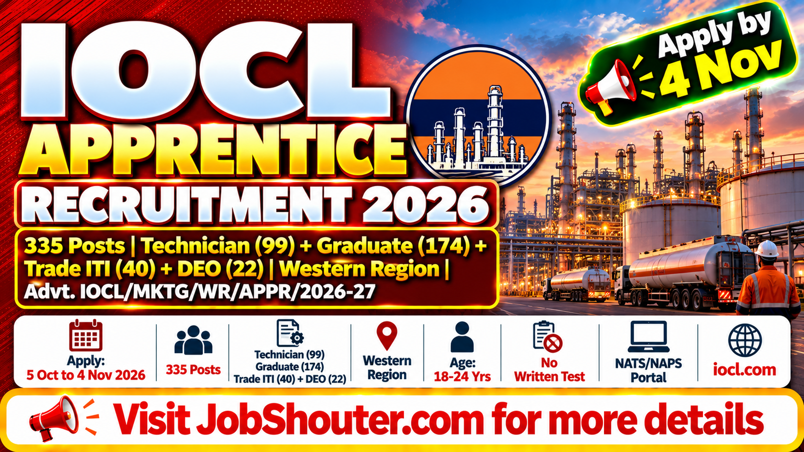 IOCL Apprentice Recruitment 2026 - 335 Posts - Apply by 4 Nov at NATS/NAPS