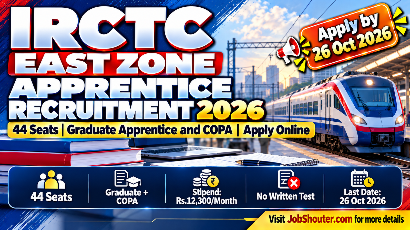 IRCTC Indian Railway Catering and Tourism Corporation Limited East Zone Kolkata Graduate Apprentice and COPA Apprentice Recruitment 2026 notification IRCTC EZ HRD Apprentices 2026-27 for 44 seats 34 Graduate Apprentice 10 COPA stipend Rs 12300 per month apply online by 26 October 2026 apprenticeshipindia gov in nats education gov in