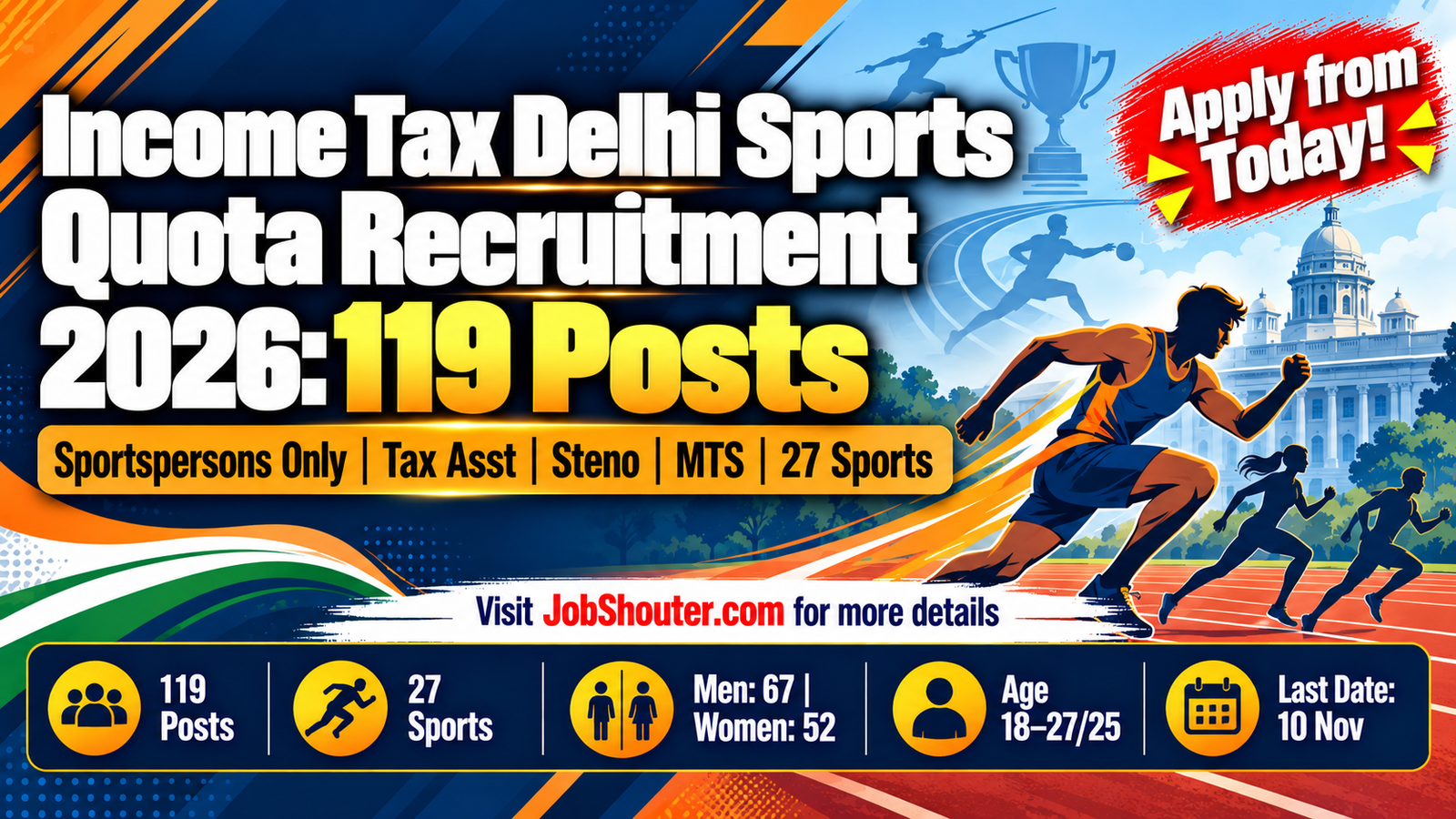 Income Tax Delhi Sports Quota Recruitment 2026 - 119 Posts - Apply by 10 Nov