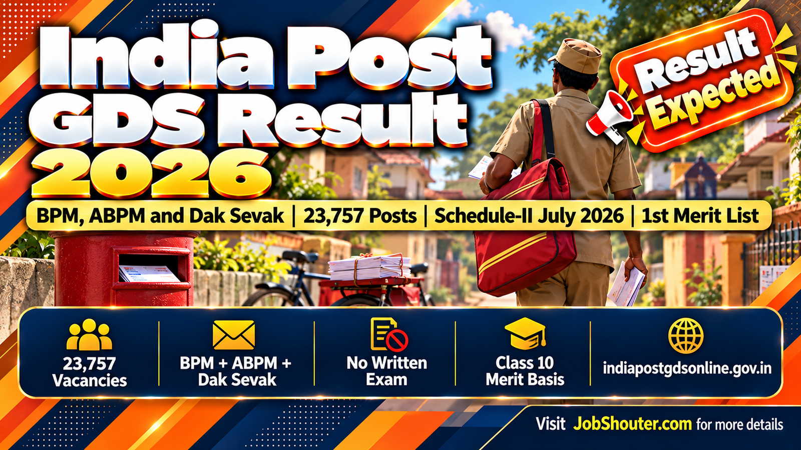 India Post GDS Result 2026 First Merit List expected for 23757 BPM ABPM Dak Sevak posts GDS Online Engagement Schedule II July 2026 circle-wise PDF at indiapostgdsonline gov in no written exam Class 10 merit basis
