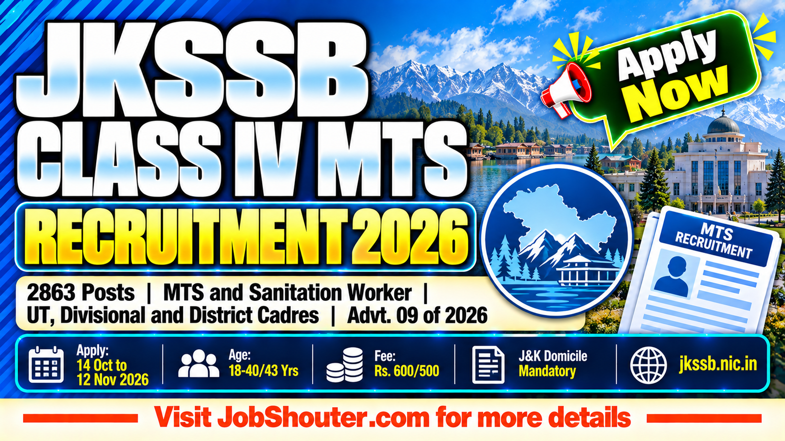 JKSSB Class IV MTS Recruitment 2026 - Apply for 2863 Posts by 12 Nov