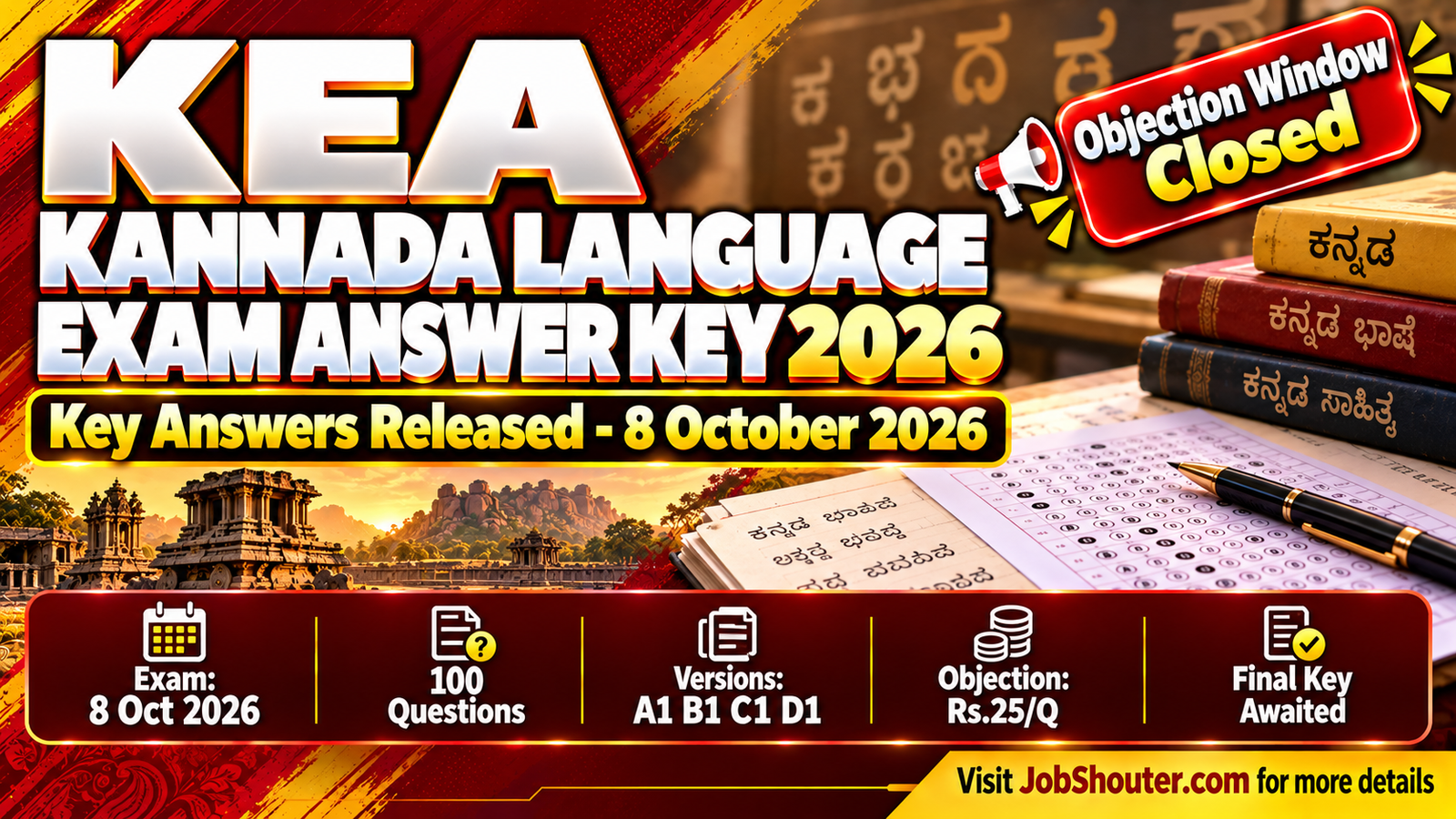 Karnataka Examinations Authority KEA Kannada Language Exam Answer Key 2026 released 8 October 2026 on cetonline karnataka gov in for Group posts recruitment 100 questions versions A1 B1 C1 D1 objection window closed 9 October 2026 4 PM Rs 25 per objection final key to follow
