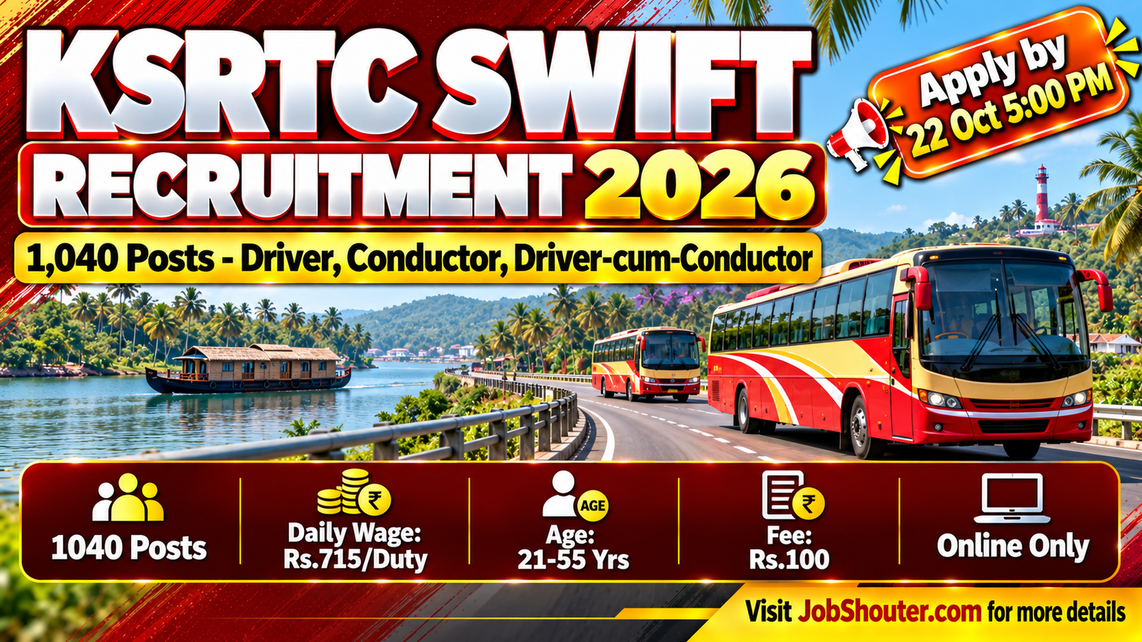 KSRTC SWIFT Recruitment 2026 - 1040 Posts, Apply Online by 22 Oct
