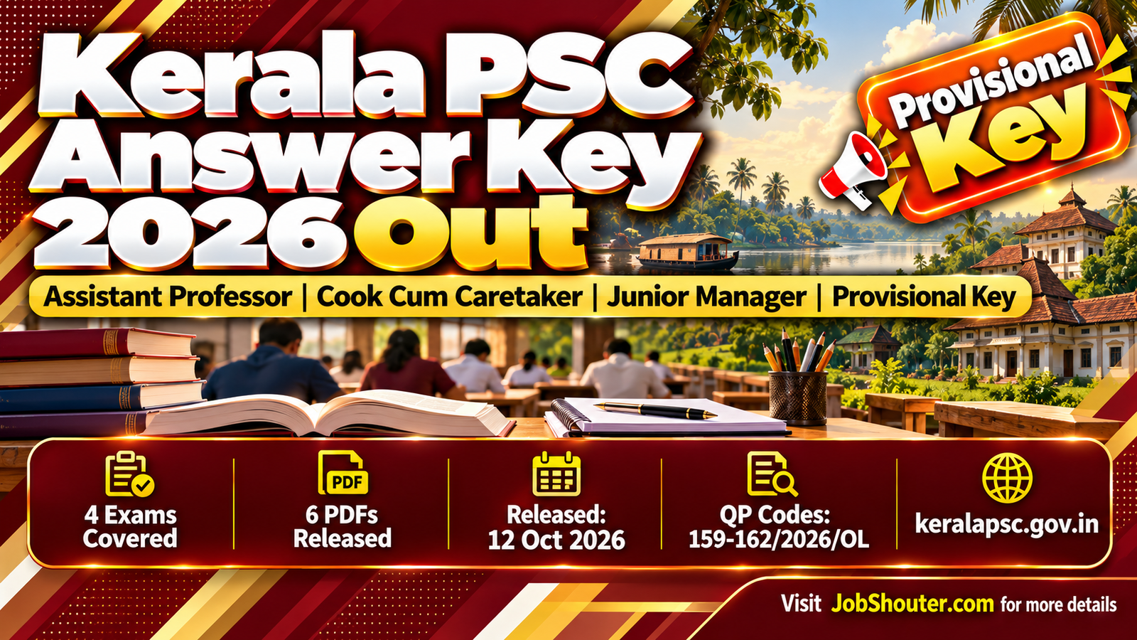Kerala PSC Provisional Answer Key 2026 released 12 October 2026 for Assistant Professor Educational Psychology Paper I Paper II Cook Cum Caretaker Junior Manager Quality Assurance question paper codes 159 to 162 2026 OL at keralapsc gov in